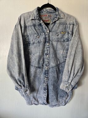 Jordache Light Blue Acid Wash Denim Button-Down Shirt